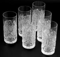 6 darabos ólomkristály üdítős pohár garnitúra, jelzés nélkül, hibátlan, m: 15 cm