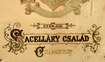 cca 1880'-as évek "Székási Sacelláry család czímere", selyem (?) üvegezett fa keretbe...