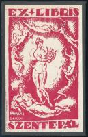 Molnár Farkas (1897-1945): Ex libris Szente Pál, 1920 körül. Linómetszet, papír, jelzett a metszeten. Hajtásnyommal. Lap teteje kartonra kasírozva11x6,5 cm