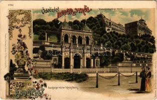 Budapest I. Várbazár a királyi várral, Várkert Bazár. Regel &amp; Krug. No. 1842., Hans Nachbargauer. Art Nouveau, floral, litho (EK)