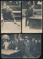 cca 1920-1930 Biliárdozók, 3 db fotó, sérülésekkel, 9×14 és 10×17 cm