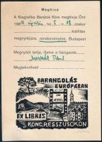 Moskál Tibor (1930-): Ex libris barangolás Európában, kongresszusokon (KBK meghívón, 1989). Fametszet, papír, jelzett. 5,5x7,5 cm