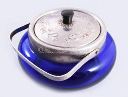 Kéküveg bonbonier, fém szerelékkel, d: 12 cm