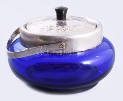 Kéküveg bonbonier, fém szerelékkel, d: 12 cm