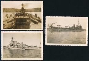 cca 1930-1940 Hadihajókat, tengeralattjárókat ábrázoló felvételek, köztük a HSwMS Gustaf V svéd partvédő csatahajó, 3 db fotó, jelzés nélkül, 6,5x9,5 cm