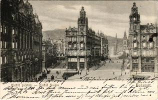 1907 Budapest V. Eskü út a Klotild palotákkal, Erzsébet híd, belvárosi plébániatemplom, balra a Duna utca látható, Thék üzlete. Tóth Károly és Schwartz Antal kiadása (EK)