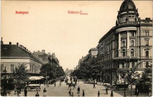 Budapest VIII. Kerepesi út (mai Rákóczi út 1.), Nemzeti színház és bérháza, Életbiztosító részvénytársaság, Ehm János étterem és sörcsarnok, villamos, a sarkon még kétszintes épület