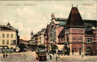 1905 Budapest IX. Vámház körút, villamos, Vásárcsarnok, gyógyszertár, Nádor szálloda és kávéház. Divald Károly 214. sz. (EK)