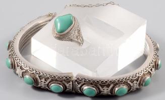 Keleti ezüst (Ag) karperes és gyűrű, m:52, kövekkel kirakva, bruttó 40g