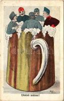 1915 Utolsó százas! Első világháborús propaganda lap, osztrák-magyar katonák söröskorsóban / WWI Austro-Hungarian K.u.K. military propaganda, soldier in beer mug. J.Nohavec 497. s: Volani + "Kr. ug. 3. pucko ustaskl bataljun za obranu morske obala " K.u.K. military field post (EK)