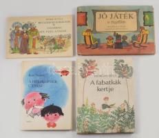 4 db mesekönyv: Rege Sándor: A helikopter utasai.; József Attila: Betlehemi királyok. / Indiában, hol éjjel a vadak...; Föld S. Péter - Szűcs Édua: Jó játék a rajzfilm.; Horgas Béla: A fabatkák kertje. Változó állapotban.