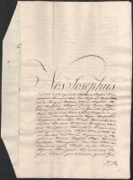 1825 Nagykőrösi házhely adás vételi szerződése Nemes Csete Gergely és Sigray István között, az utolsó oldalon későbbi 1851-es bejegyzéssel, Pesten, Szentkirályi László magiszter aláírásával, papírfelzetes viaszpecséttel, latin és magyar nyelven,3 sztl. lev.