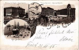 1896 Trieste, Trieszt; Palazzo del Lloyd, Palazzo Minicipale, Molo St. Carlo / palace, square, horse-drawn tram, port. Editore Depositario Alessandro Levi Art Nouveau, floral, litho (EB)