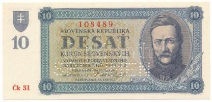 Szlovákia 1943. 10K "SPECIMEN" perforációval, "Ck 31 108489" T:UNC Slovakia 1943. 10 Korun with "SPECIMEN" perforation, "Ck 31 108489" C:UNC Krause 6.s
