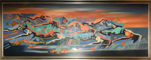 Bubelényi András (-): Donjuan a pokolban - Csillagromboló. Olaj, farost. Jelzett a hátoldalán. Fakeretben. 80x219 cm. KIZÁRÓLAG SZEMÉLYES ÁTVÉTEL, NEM POSTÁZZUK! / ONLY PERSONAL COLLECTION AT OUR OFFICE!