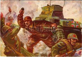 1943 Kecskés Gyula őrvezető sérült harckocsijából kiugorva, kézigránátokkal tartóztatta fel a rájuktört ellenséget és élete árán mentette meg századparancsnokát / WWII Hungarian military art postcard s: Haranghy (EK)