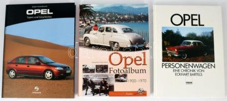 Opel könyvtétel: Alexander Franc Storz: Opel Fotalbum 1900-1970. Lemgo, 2009, Johann Kleine Vennekate Verlag. + Opel Personenwagen. Eine Chronik von Eckhart Bartels. Brilon, 1990, Verlag Podszun-Motorbücher. + Jürgen Lewandowski: Opel: Typen und Geschichte. Augsburg, 1998, Steiger. Német nyelven. Gazdag képanyaggal illusztrált kötetek. Kiadói kartonált papírkötés.