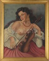 Olvashatatlan jelzéssel: Lány hegedűvel. Olaj, karton. Vetemedett. Dekoratív, sarkaiban sérült fakeretben. 81x61 cm.