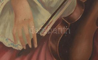 Olvashatatlan jelzéssel: Lány hegedűvel. Olaj, karton. Vetemedett. Dekoratív, sarkaiban sérült faker...