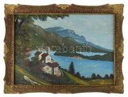 Rudy jelzéssel: Hegyvidéki tó vitorlásokkal. Olaj, vászon. Dekoratív fakeretben. 57x78 cm.