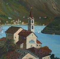 Rudy jelzéssel: Hegyvidéki tó vitorlásokkal. Olaj, vászon. Dekoratív fakeretben. 57x78 cm