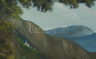 Rudy jelzéssel: Hegyvidéki tó vitorlásokkal. Olaj, vászon. Dekoratív fakeretben. 57x78 cm