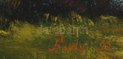 Rudy jelzéssel: Hegyvidéki tó vitorlásokkal. Olaj, vászon. Dekoratív fakeretben. 57x78 cm