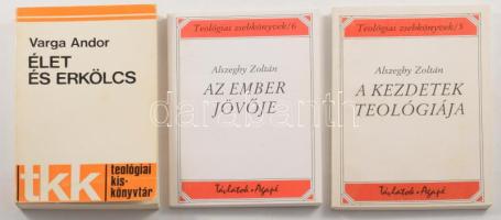 3 db teológiai könyv: Varga Andor: Élet és erkölcs. Bioetikai kérdések. Teológiai Kiskönyvtár. Róma, 1980, (Tipografia Dario Detti). Kiadó papírkötés. + Alszeghy Zoltán: A kezdetek teológiája.; Az ember jövője. Teológiai zsebkönyvek 5. és 6. sz. Bp.-Szeged, 1994, Távlatok - Agapé. Kiadói papírkötés. Megjelentek 3000 példányban.