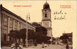 1908 Losonc, Lucenec; Tanítóképezde a templommal. Roth Simon kiadása / teachers' training institute, church (EK)