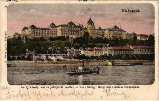 1903 Budapest I. Az új királyi vár és jobbparti részlet, Várkert Bazár, gőzhajó. Ganz Antal 120.
