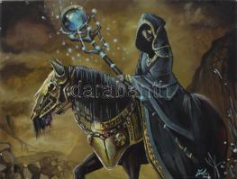 Olvashatatlan jelzéssel: Varázsló lovon (fantasy). Olaj, vászon, jelzett, kissé sérült, 30x40 cm