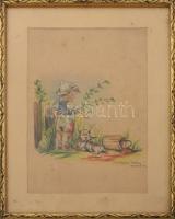 S.né Klára jelzéssel: Kisfiú kutyával. Akvarell, papír, üvegezett fakeretben. 26x18 cm