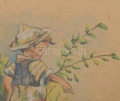 S.né Klára jelzéssel: Kisfiú kutyával. Akvarell, papír, üvegezett fakeretben. 26x18 cm