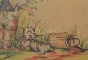 S.né Klára jelzéssel: Kisfiú kutyával. Akvarell, papír, üvegezett fakeretben. 26x18 cm