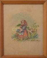 S.né Klára jelzéssel: Lányka libával. Akvarell, papír, üvegezett fakeretben. 30x21 cm