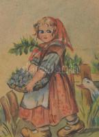 S.né Klára jelzéssel: Lányka libával. Akvarell, papír, üvegezett fakeretben. 30x21 cm