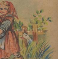 S.né Klára jelzéssel: Lányka libával. Akvarell, papír, üvegezett fakeretben. 30x21 cm