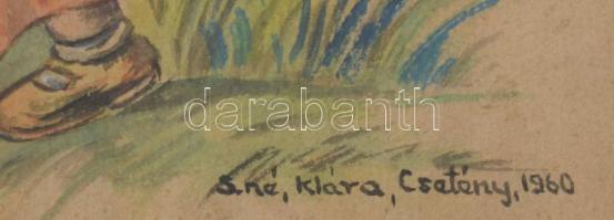 S.né Klára jelzéssel: Lányka libával. Akvarell, papír, üvegezett fakeretben. 30x21 cm