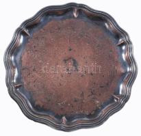 Monogramos antik ezüstözött vörösréz tálca, 3 lábon, kopással, d: 29 cm