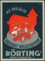 1932 Körting Rt. Központi melegvízfűtés Bp. VIII. kisplakát, Kun S. grafikája, 23×17 cm