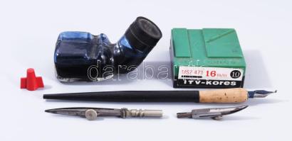 Kis írószer tétel, közte tinta, toll, tollhegyek.