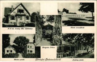 Balatonlelle, Erdélyi Mór üdülőtelep, Közös strandfürdő, Droguista Otthon, Riviera pensio, Lendvay pensio (gyűrődés / crease)