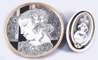 Hollóházi Szász Endre által tervezett mintával díszített bonbonier és tál. Jelzett, kis kopással, d: 20 cm, h: 15 cm