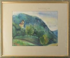 Lőrincz Vitus (1933-): Hegyvidéki táj, 1991. Akvarell, papír, jelzett, paszpartun Lőrincz Vitus autográf ajándékozási soraival, üvegezett fakeretben, 32x48 cm