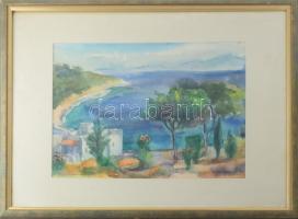 Lőrincz Vitus (1933-): Hapimag, Bodrum, Törökország, 1994. Akvarell, papír, jelzett, Lőrincz Vitus autográf ajándékozási soraival, üvegezett fakeretben, 35x46 cm