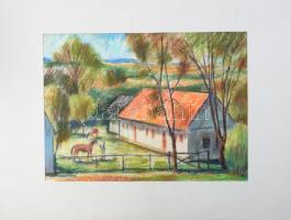 Lőrincz Vitus (1933-): Balatonfelvidéki lovastanya, 2003. Pasztell, papír, jelzett, paszpartuban, 33x49 cm