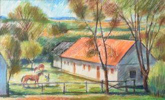 Lőrincz Vitus (1933-): Balatonfelvidéki lovastanya, 2003. Pasztell, papír, jelzett, paszpartuban, 33...