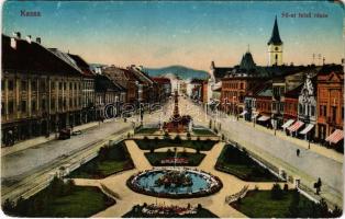 Kassa, Kosice; Fő utca, üzletek. Vasúti levelezőlapárusítás 36. sz. 1915. / main street, cathedral, shops (r)