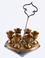 Régi alpakka 6 személyes likőrkínáló szett, fogója sérült, m: 26 cm