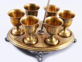 Régi alpakka 6 személyes likőrkínáló szett, fogója sérült, m: 26 cm